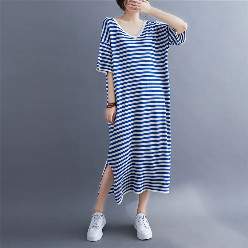 Robe t-shirt à manches courtes et col en v pour femme, vêtement sexy à rayures bleues, élastique, fendue, longue, été, #3349