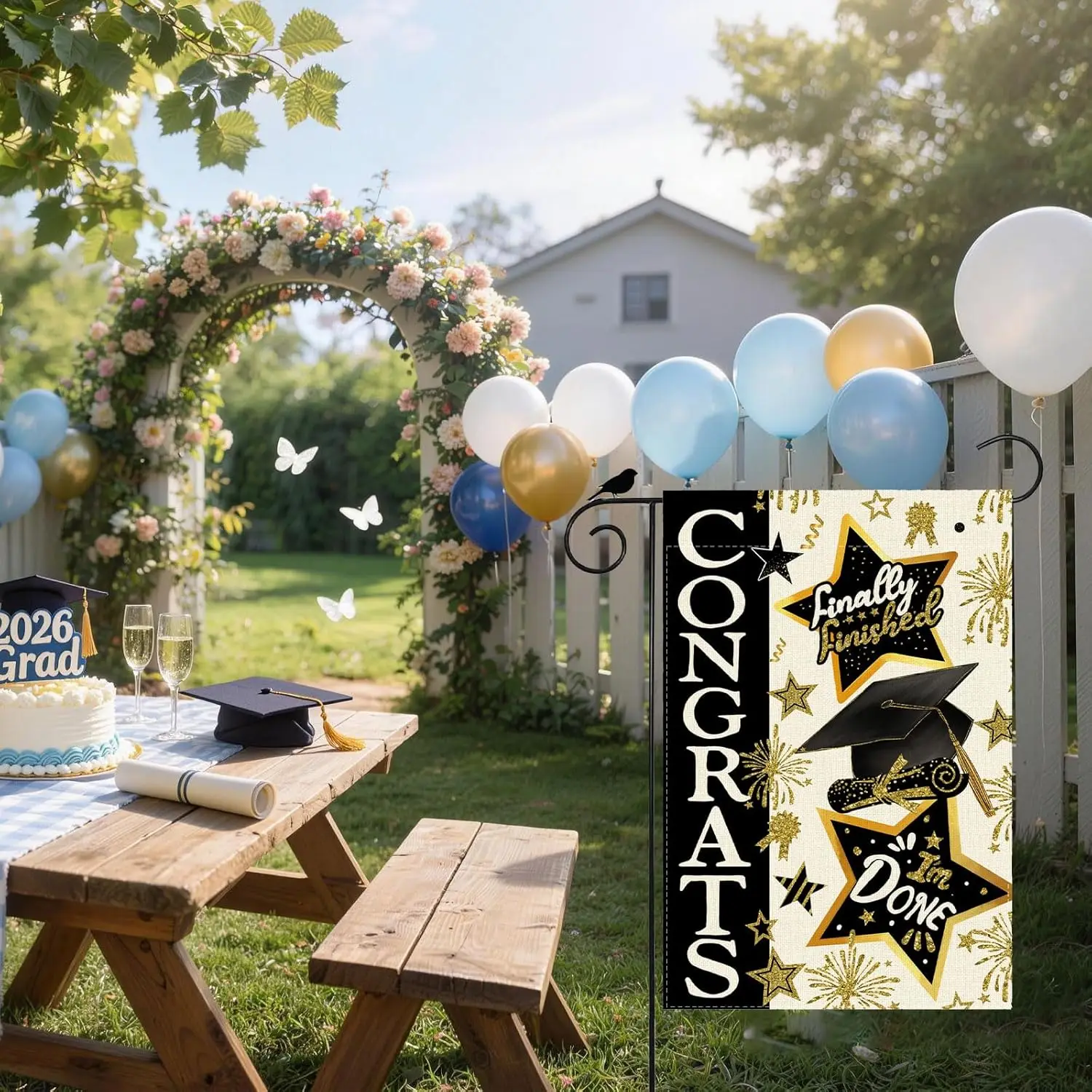 Finally Finished Grad Cap Firework Stars Graduation Garden Flag 12x18 Inch Double Sided Small Mini Yard Flag Outdoor Outside IIC