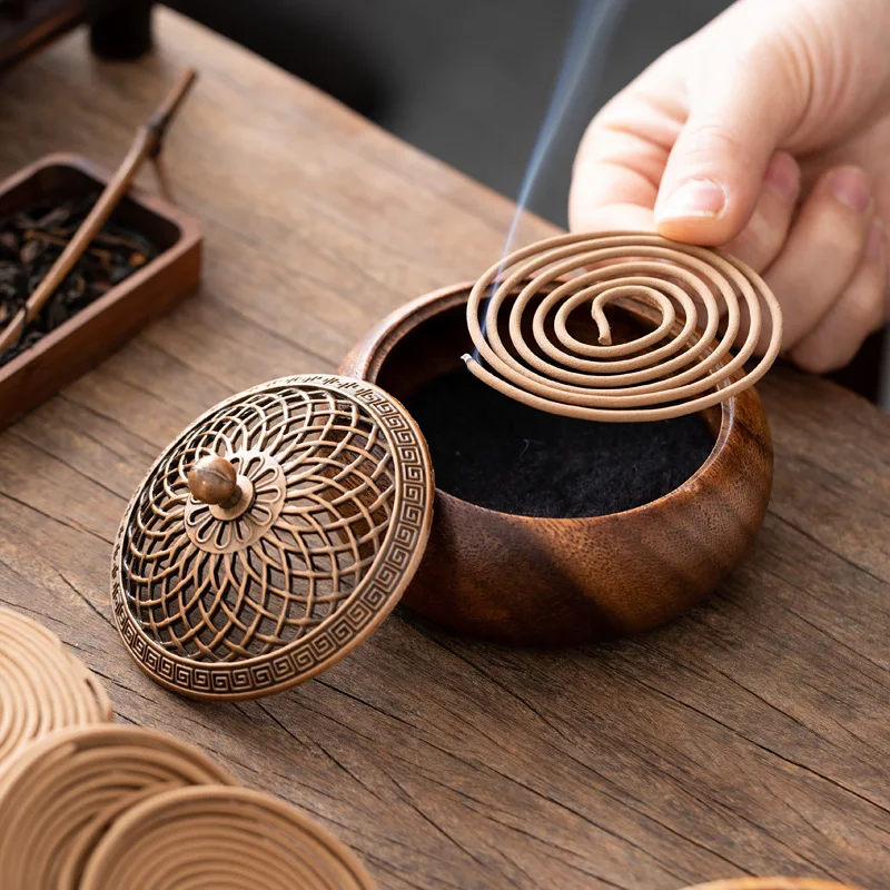 1pcs South American Walnut Retro Solid Wood Round Incense Burner, High-end Atmospheric Home Indoor Incense Burner