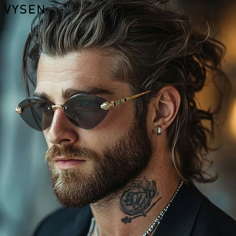 

2026 Luxury Brand Snake Head Rimless Sunglasses Men Vintage Punk Polygon Diamond Cut Lenses Frameless Y2K Punk Eyewear Shades