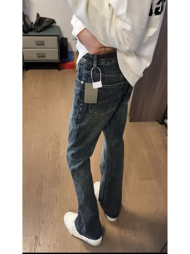 High Quality Vintage Washed Blue Bamboo Joint Denim Jeans Men Women Universal Micro Flared Long Trousers Trendy Fashionable