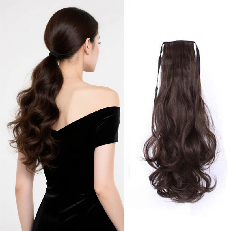 Wig with straps, long curly hair, big wavy ponytail