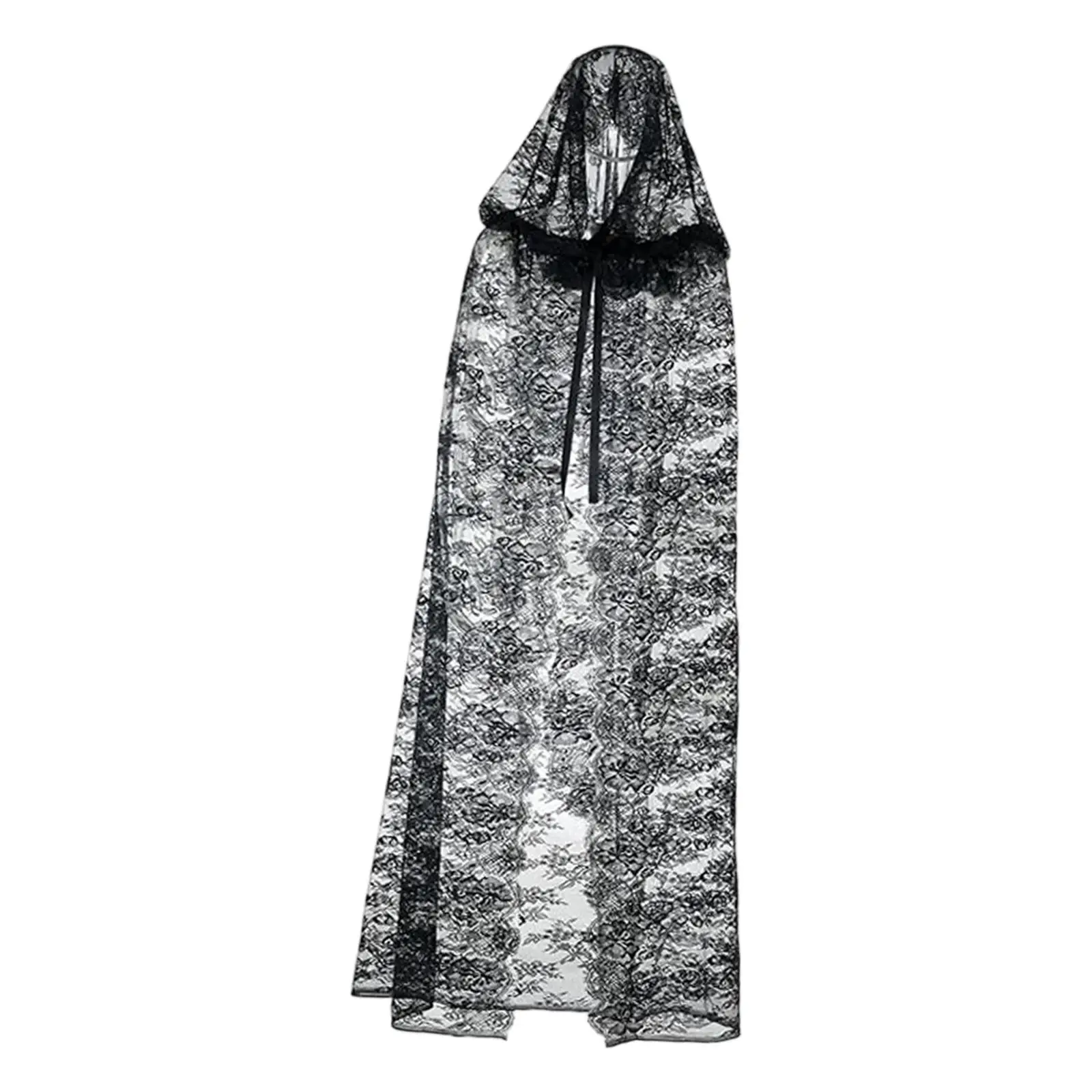 Gothic Lace Witch Cape with Hood Elegant Black Tulle Cloak Tie Neck Reusable Costume for Halloween Cosplay