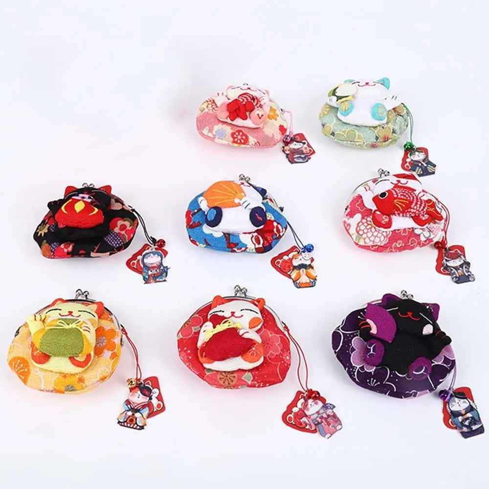 Porte-monnaie Maneki Neko de style japonais, impression de fleurs rétro, portefeuilles, porte-cartes, sac de rangement en PU, pochette chat porte-bonheur, extérieur