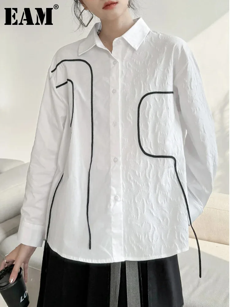 

[EAM] Women White Big Size Topstitched String Casual Blouse New Lapel Long Sleeve Shirt Fashion Tide Spring Autumn 2024 1DH4342