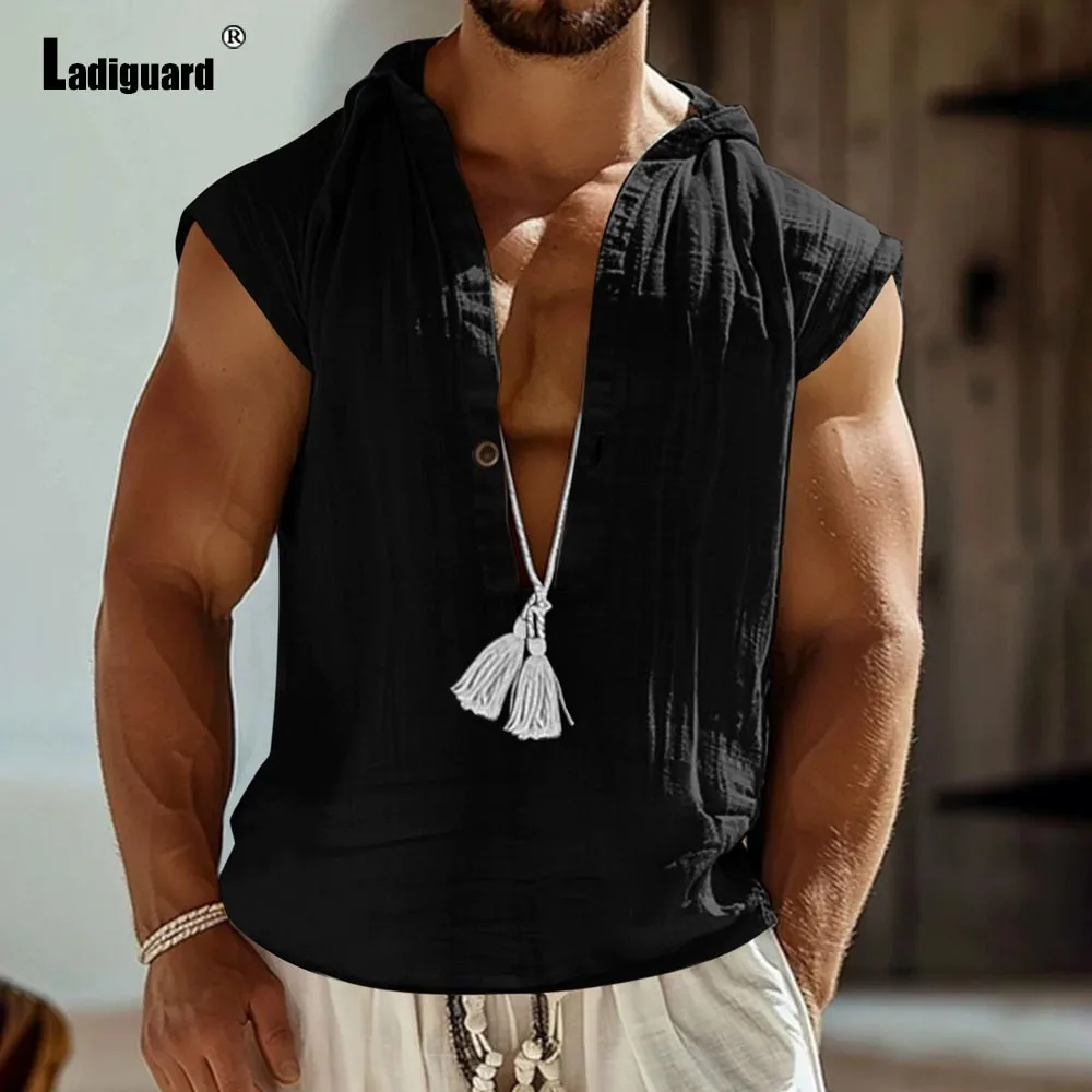 2025 Men's Casual V-neck Shirt Men Sleeveless Lace-up Hooded Tops New Summer Beach Pullover Solid Khaki Navy Cotton Linen Blouse