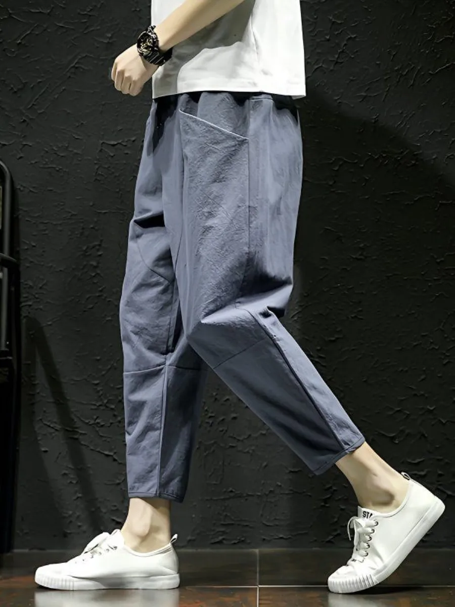 

Summer Cotton Linen Loose Fit Casual Pants Men's Nine Points Thin Harem Pants Comfortable Breathable Natural Waist Zipper