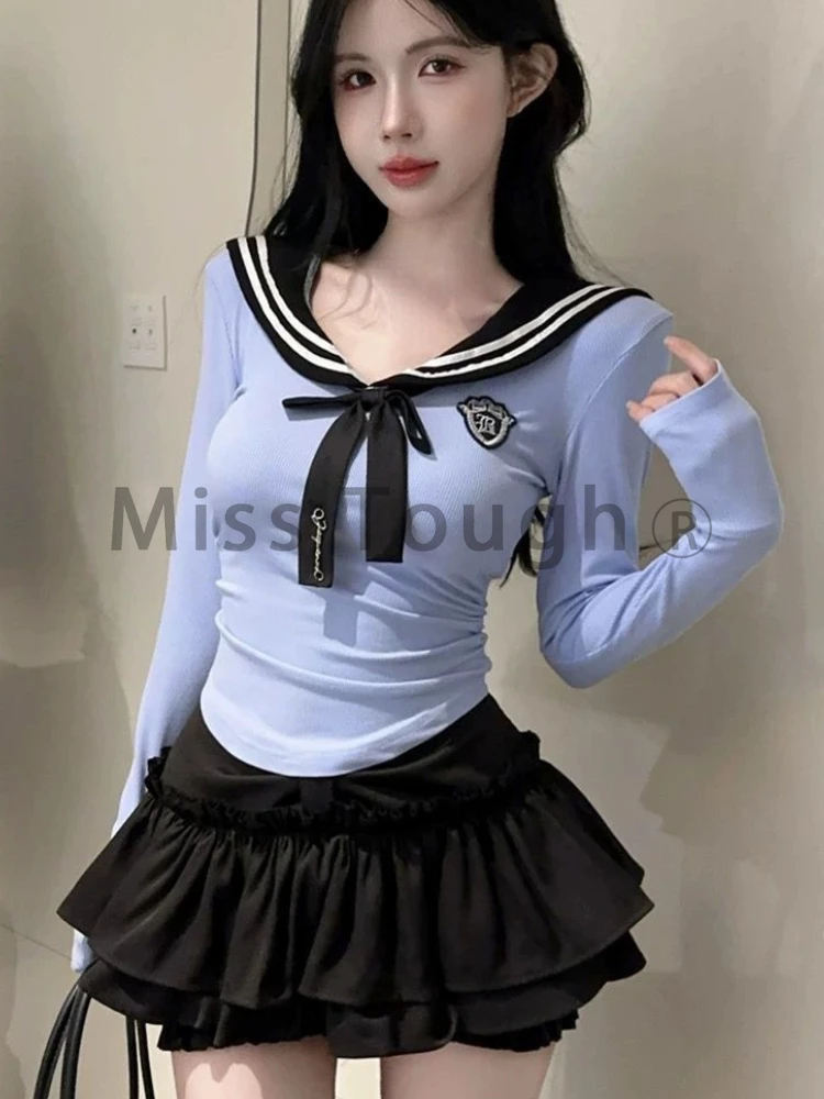 Japanese Sweet Party Two Piece Set Women Sailor Collar Elegant Tops + Mini Skirt Sets Korean Fashion Ruffle Kawaii Suit Autumn