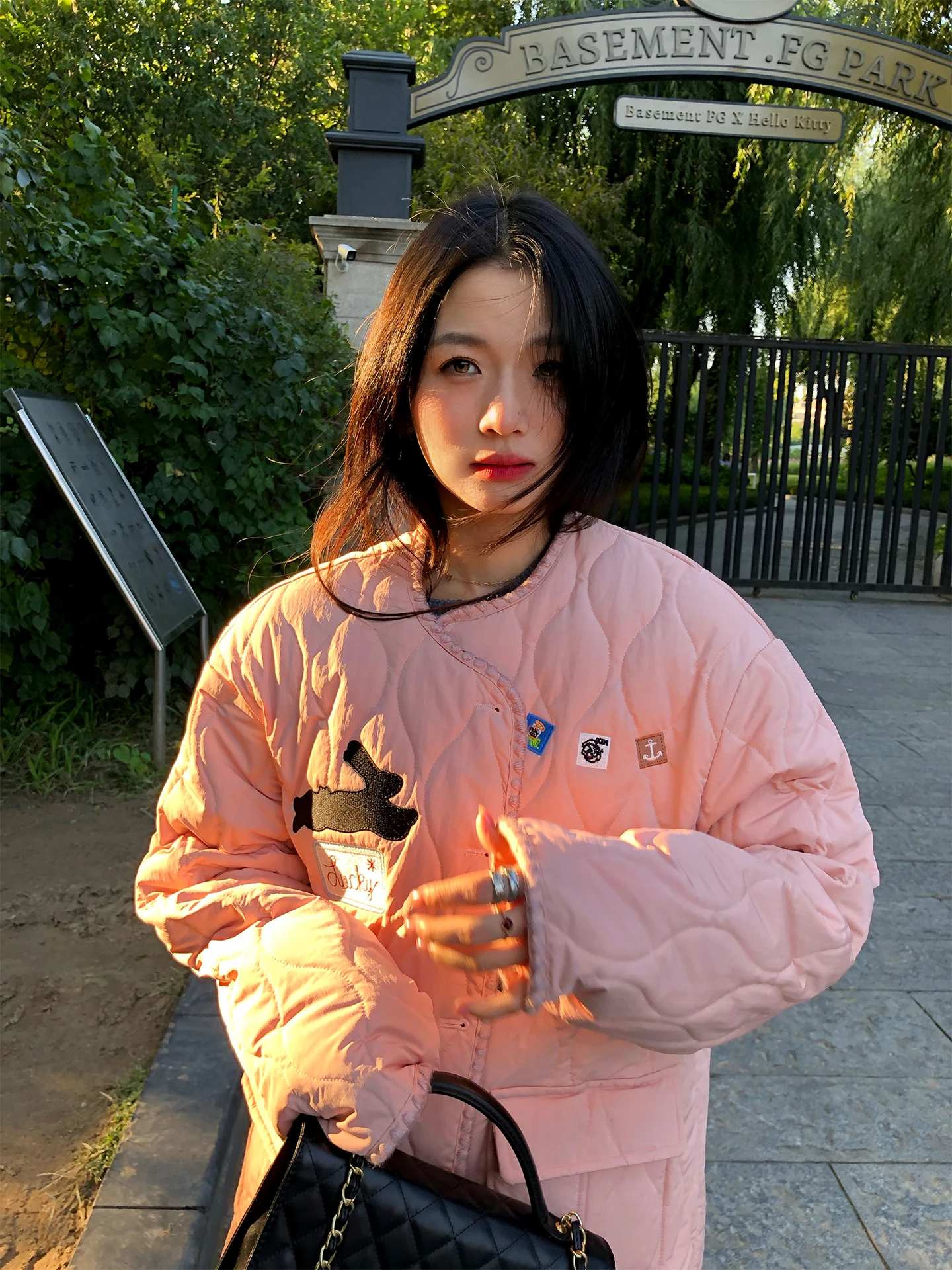 

Pink Cotton Jaet Women's Sle Thiened Winter Coat Korean Version Loose Fit Embroidered Design Non-Hooded Polyester