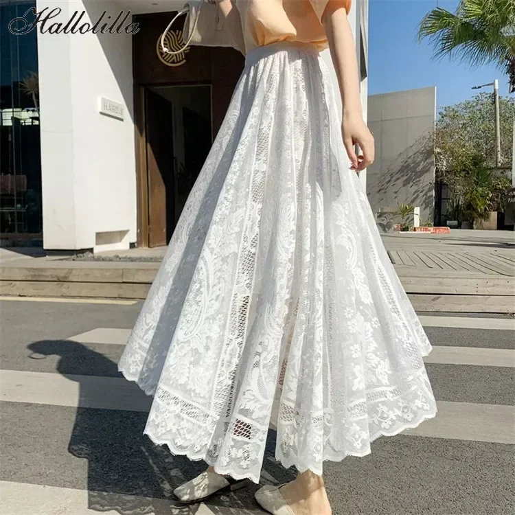 Lace High Waist Skirt Women Faldas Ropa Mujer Casual Loose Summer White Long Skirts Ladies Fashion Jupe Solid Woman Clothes Saia