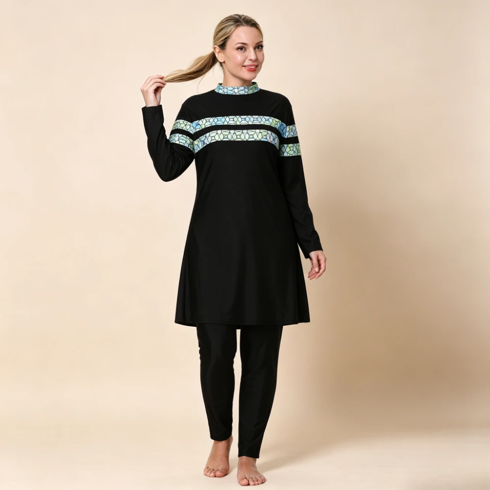New Plus Size 3PCS Paisley Print Burkini Swimwear High Neck Long Sleeve Tunic Top Full Length Pants with Cap Muslim Bathing Suit