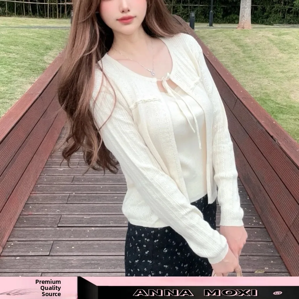 

White Knitted Open Cardigan Two-Piece Set Women's Slimming Knitted Top Girl's Long Sleeve Polyester Fiber Regular Length