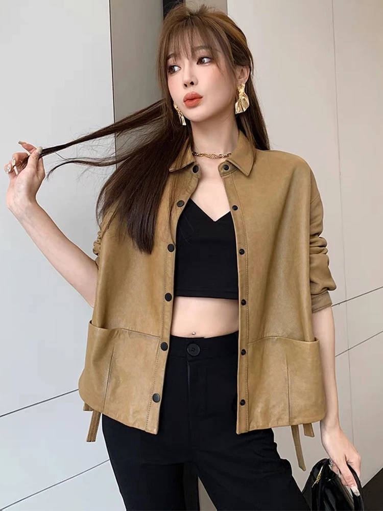 Women Genuine Sheepskin Leather Spring Autumn Fashion Classic Khaki Real Leather Jacket Oversize Loose Real Leather Coat