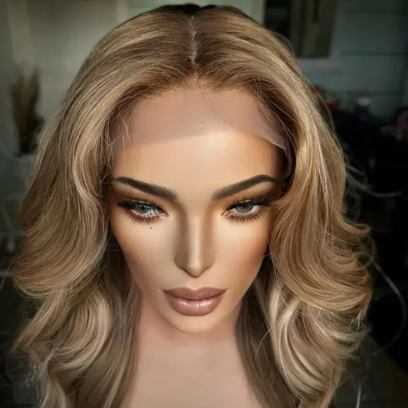 

Good Quality Wig Ombre Caramel Blonde Highlights Synthetic Lace Front Wig Natural Preplucked Hairline Long Body Wave Wig 26 Inch