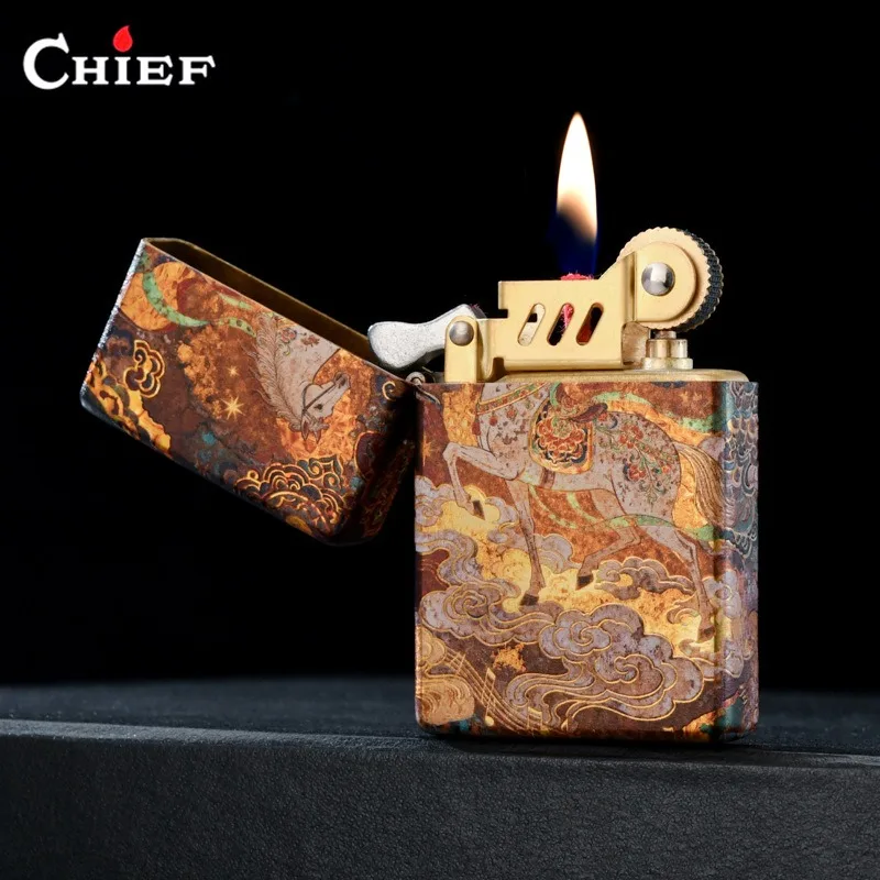 2026 New Chief Kerosiene Lighter Creative Brass Carved Personalized Mandala Ultra-Thin Windproof Gift for Men