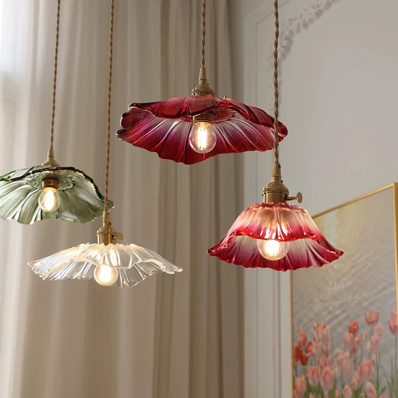 Nordic Simple Japanese Pendant Light Restaurant Entrance Balcony Bay Window Aisle Lotus Leaf Shape Copper Glass Chandelier Lamps