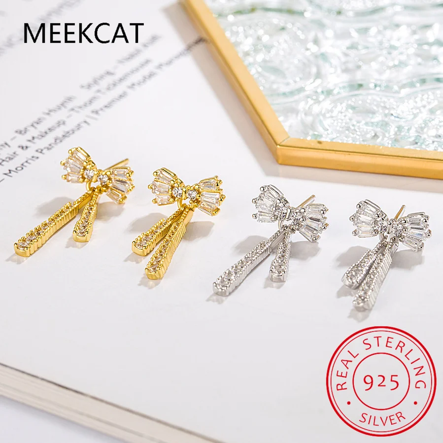 

Real 925 Sterling Silver Zircon Bowknot Chain Tassel Stud Earrings for Women Trendy Fine Jewelry Exquisite Accessories
