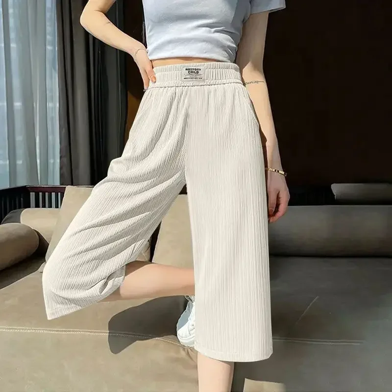 طيات الكورية السراويل واسعة الساق الصيف رقيقة بلون عالية الخصر مرونة الملابس النسائية كل مباراة مستقيم فضفاض السراويل الجديدة