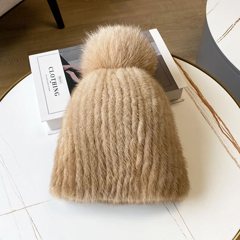 New Fashion Women Winter Natural Mink Fur Hats Knitted Real Mink Female Russian Warm Beanies Hat Fur Hat Fox Fur Ball Caps