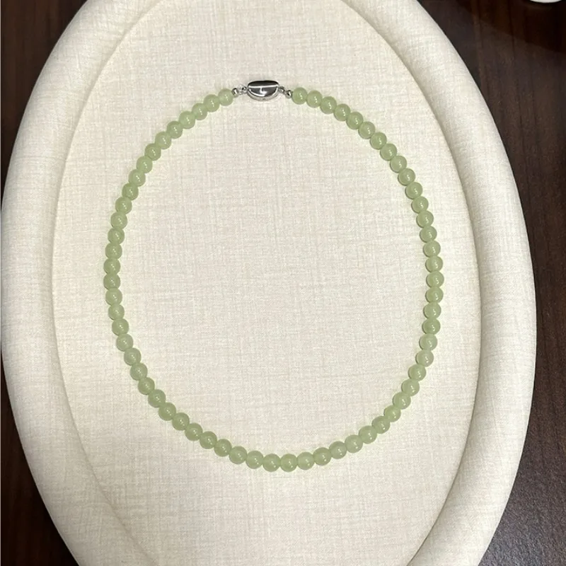 

Minar Retro 8mm Hetian Jade Natural Stone Beaded Necklace for Women Silver Plated Stainless Steel Yuanbao Button Strand Chokers