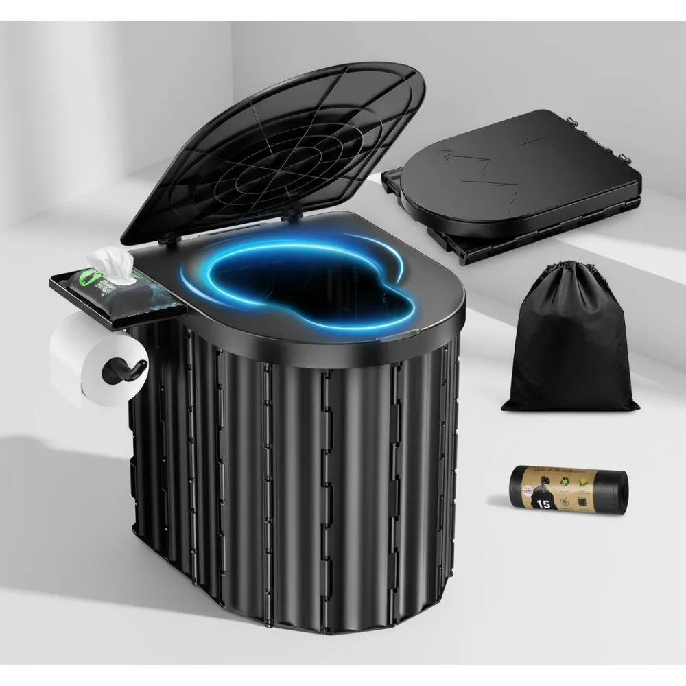 

Upgraded 15'' Portable Toilet with Phone Shelf & Paper Holder, 450Lbs Capacity for Camping Hiking RV Travel