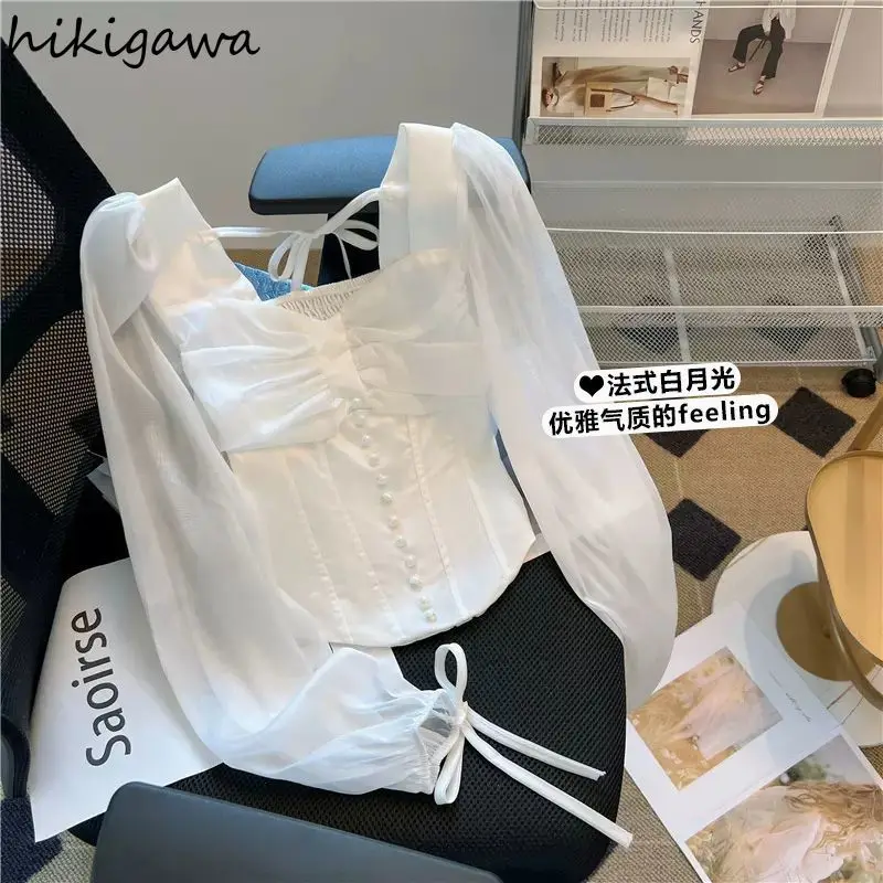 Korean Blouse Women Bandage Bow Single Breasted Summer Shirts 2023 Blusas Mujer De Moda Patchwork Gauze Tunic Chic Blouses Tops