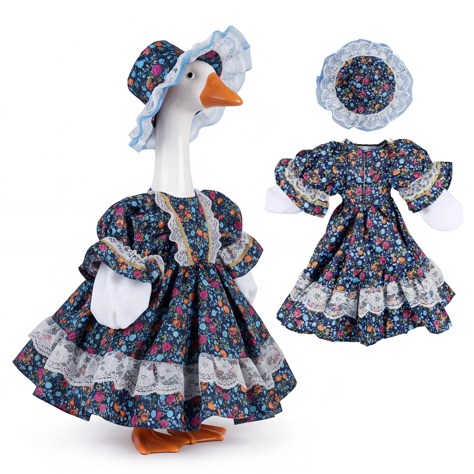 23 Inch Vintage Floral Porch Goose Statue Outfit Cute Funny Outdoor Yard Lawn Goose Costume with Skirt Hat Patio Garden Decor