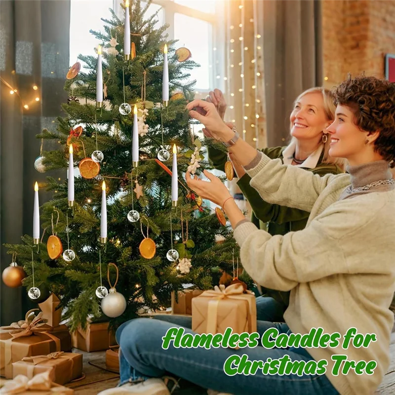ABMS-Lilin Pendek Meruncing 12 Buah LED Berkedip dengan Remote 0.5" X 6" Lilin Tanpa Api Cahaya Hangat dengan 12 Pengait Bola Kristal
