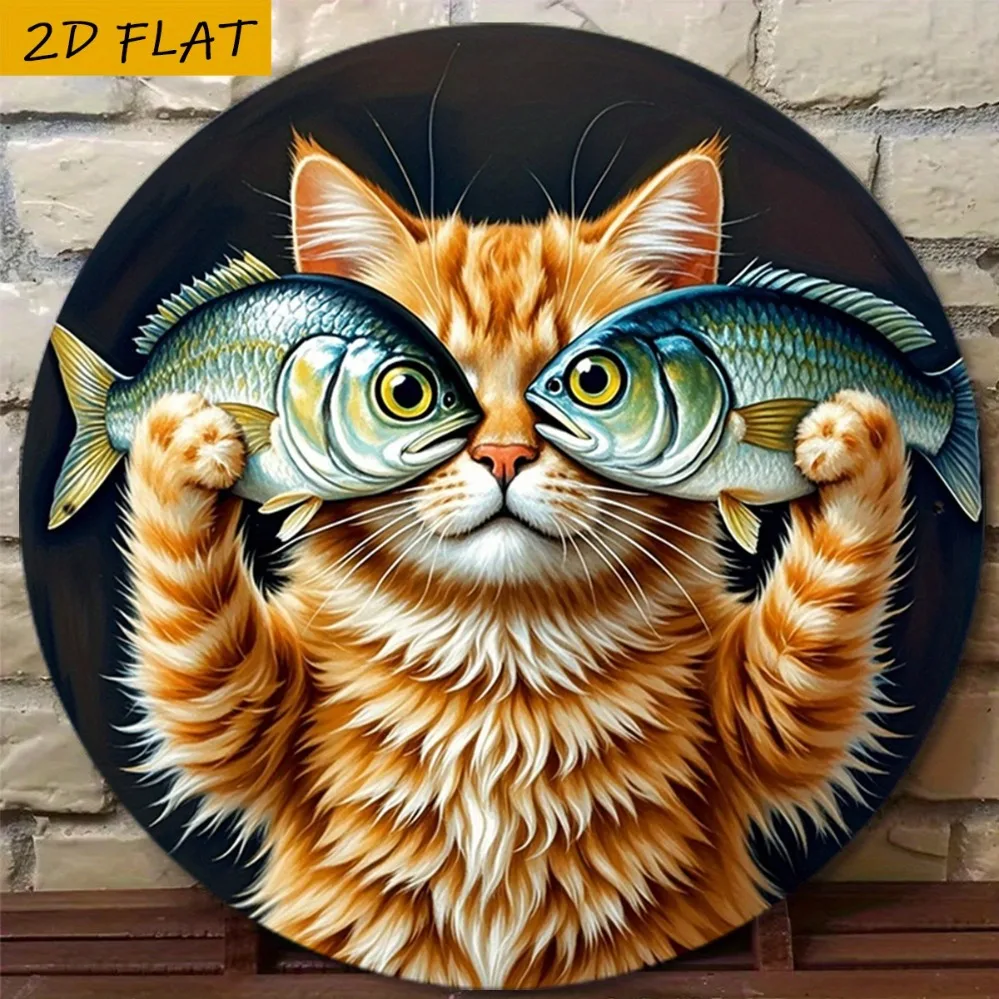 2D Metal Sign, Vintage Cat and Fish Wall Art 8x8 Inch Aluminum, Orange Tabby Kitten with Fish Black Background, Home Bar Pub Dec