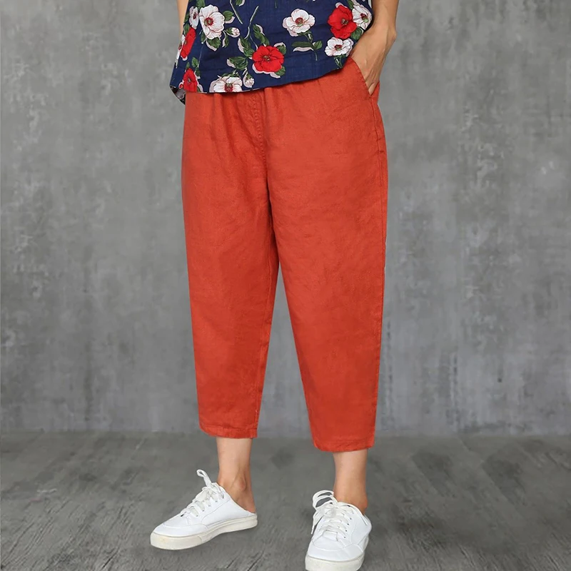 Oversize Casual Cotton Linen Pants Women 2023 Spring Summer Elastic Waist Ankle Pants Female Solid Color Harem Trousers