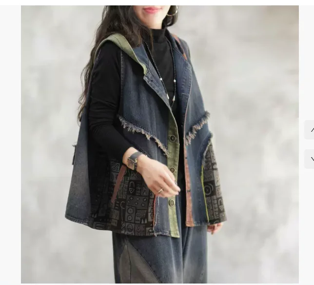 

Женский джинсовый жилет с капюшоном, новинка осени 2025 года, свободный литературный ретро-жилет на молнии с двойным карманом для стирки