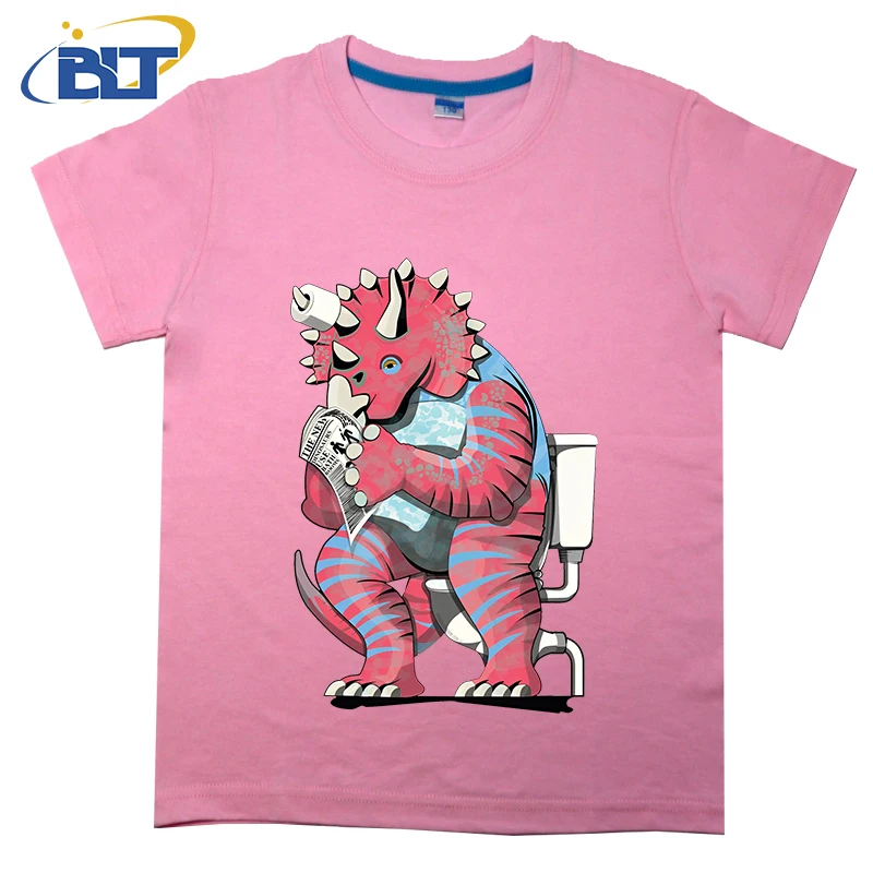 Triceratops เสื้อยืดเด็กพิมพ์ลายบนห้องน้ำเสื้อลำลองแขนสั้นผ้าคอตตอนสำหรับฤดูร้อนเหมาะสำหรับทั้งเด็กผู้ชายและเด็กผู้หญิง