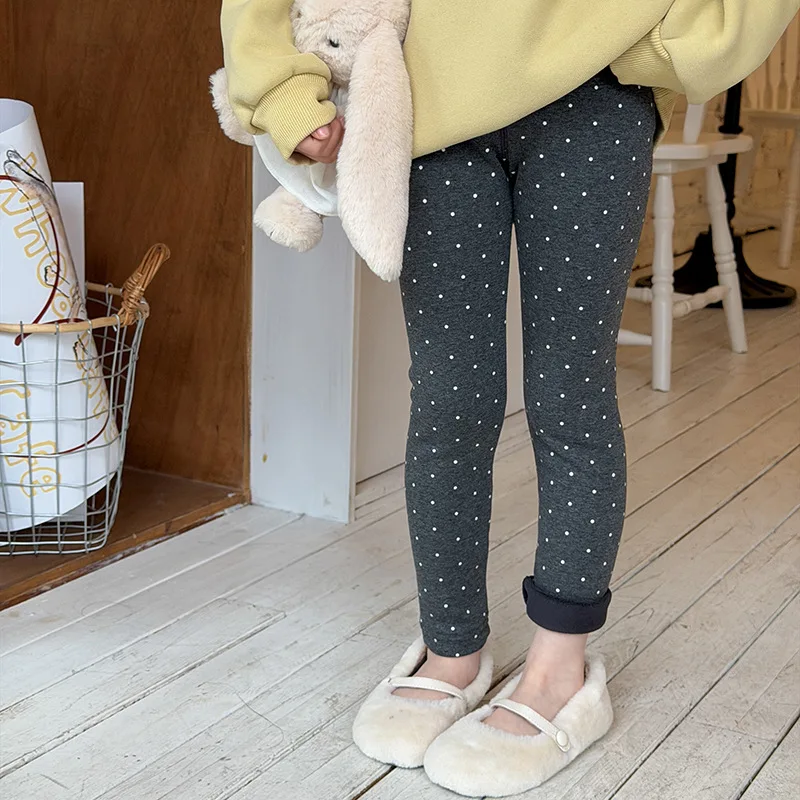 2025 Winter New Fashion Girls Korean Style Small Polka Dot Slim Pants Plus Velvet Polka Dot Leggings Boutique Clothing Simple