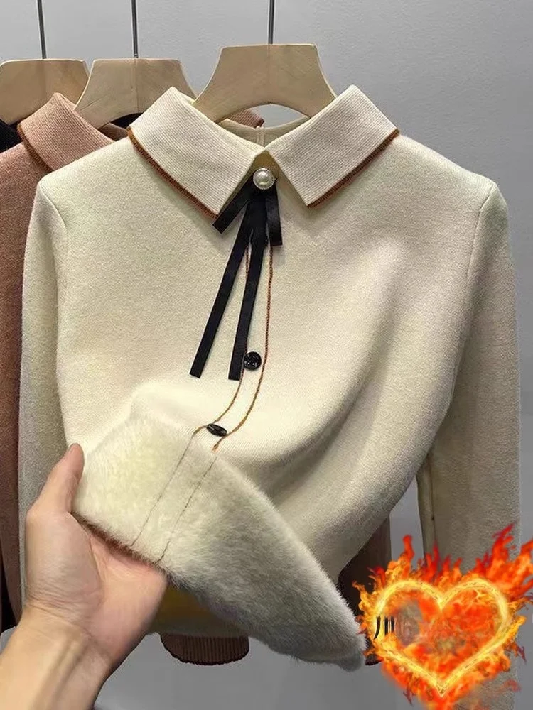 

Утепленная вязаная повседневная женская блузка с воротником-стойкой, модная, универсальная, красивая, для осени и весны, новинка