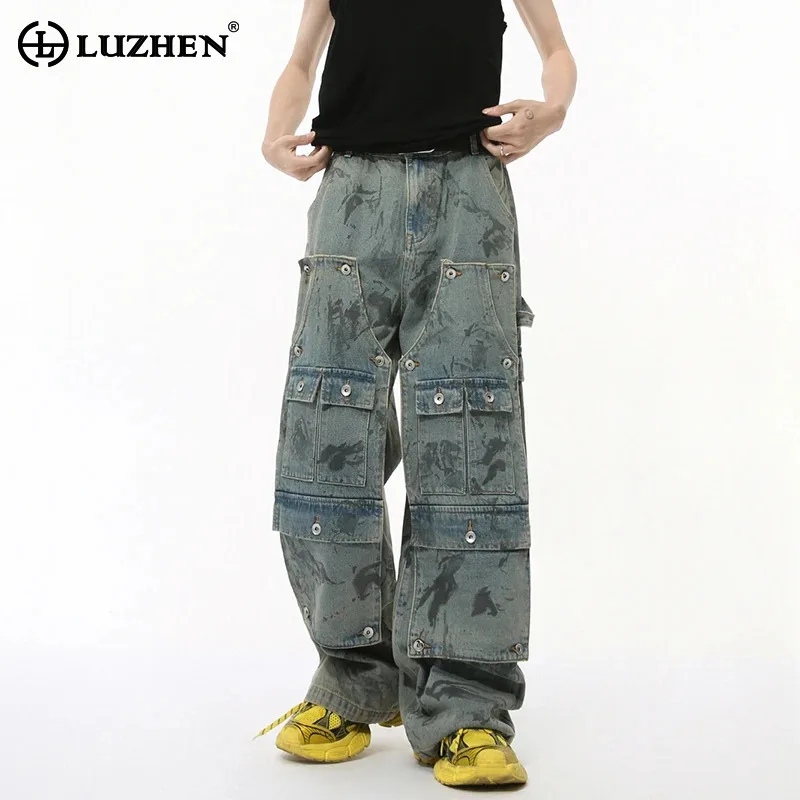 

LUZHEN Cargo Denim Pants Men's Clothing Multi Pocket Loose Trendy High Street Scrawl Design Straight Jeans Workwear Male LZ5450