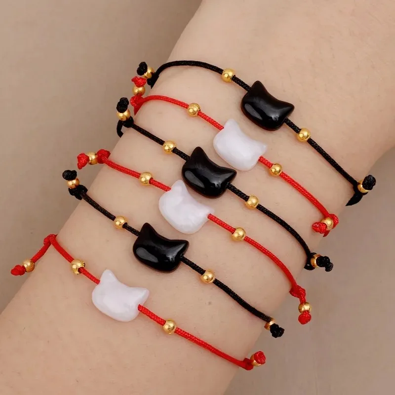 2Pcs Cute Cat Bracelet Women Men Hand Woven Black Red Hand Rope Adjustable Charms Couple Bracelets Fashion Jewelry Accessories