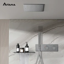 Juego de ducha de temperatura constante para baño, grifo de cascada oculto en el techo, color negro