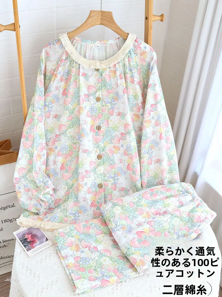 vetements-d'interieur-100-coton-pour-femmes-col-rond-motif-dessin-anime-dentelle-a-pompons-lapin-fraise-manches-longues-confortables-et-respirants