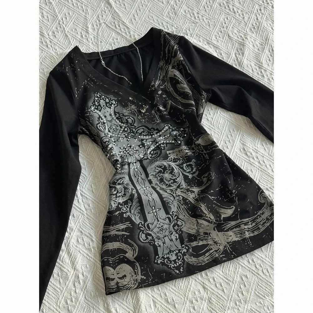 الأمريكية تي شيرت ريترو كم طويل سليم صالح المرأة عادية اليابانية ثقافة فرعية Y2K خمر القوطية تيز الخريف الإناث شيك القمم