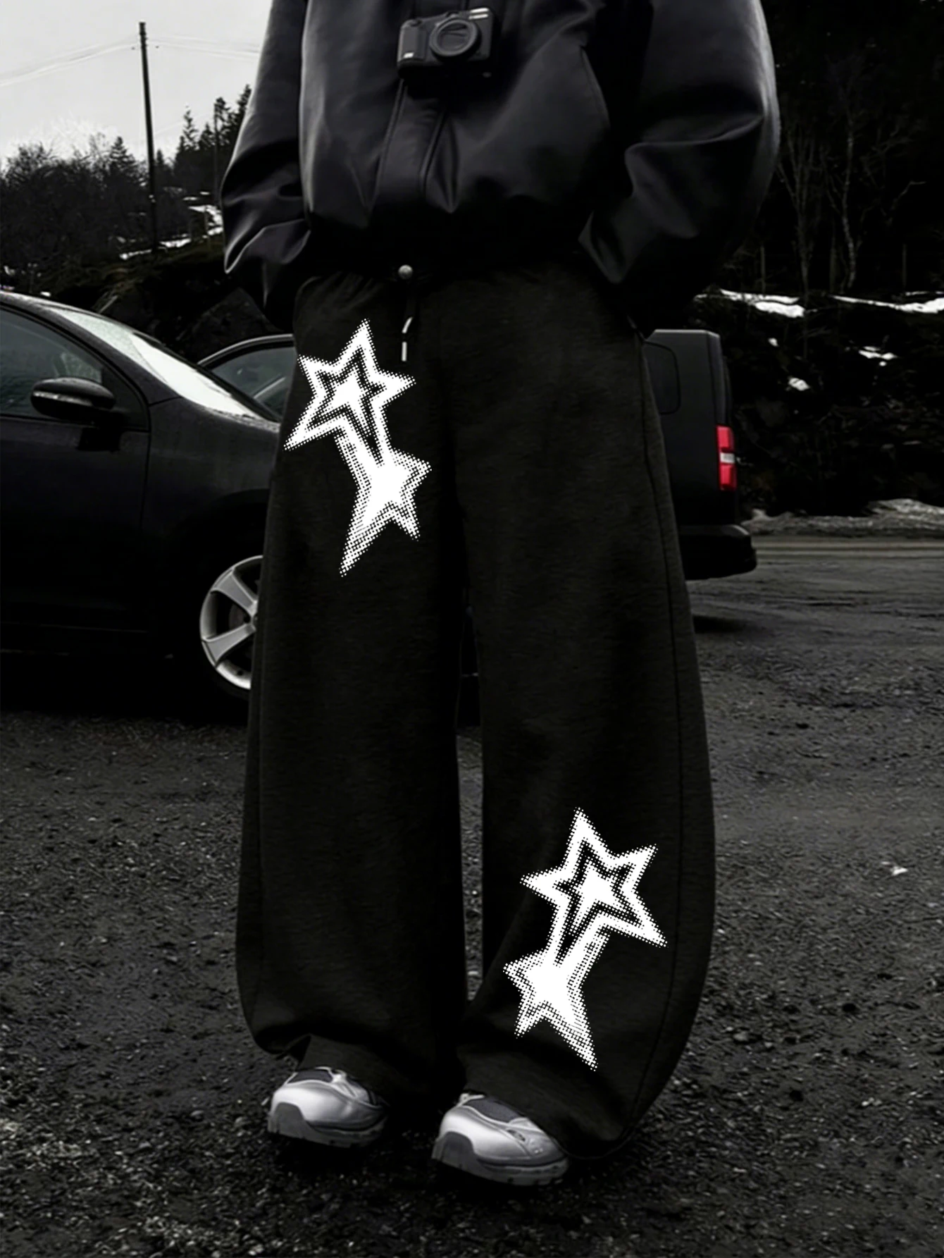 Men Y2K Streetwear Baggy Sweatpants, Halftone Dot Nested Double‑Star Diagonal Asymmetrical Print Drawstring Loose Wide Leg