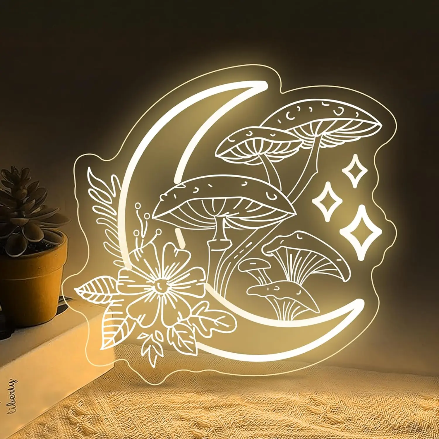 Moon Mushroom Neon Light Dimmable LED Wall Lamp Fairy Botanical Sign USB Power Cafe Kids Room Party Boho Bedroom Relaxing Decor