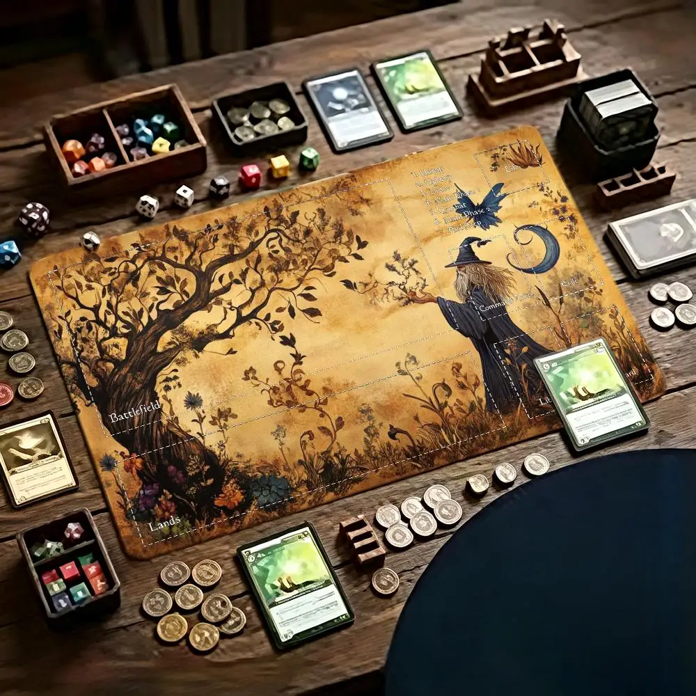 TCG Playmat Vintage Parchment Wizard Ancient Tree Fantasy Art Zoned Layout Anti-Slip Base Gathering MTG Playmat MTG/ CCG Gamers