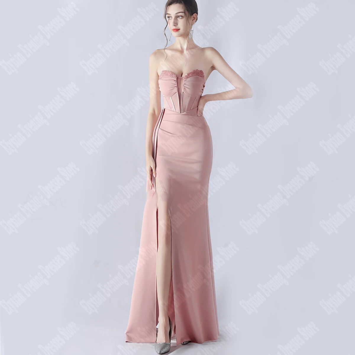 

Lace Embroidered Collar Evening Dresses Pink Strapless Floor Mop Long Dress Party Gowns High Quality Wrinkles Vestidos De Noche