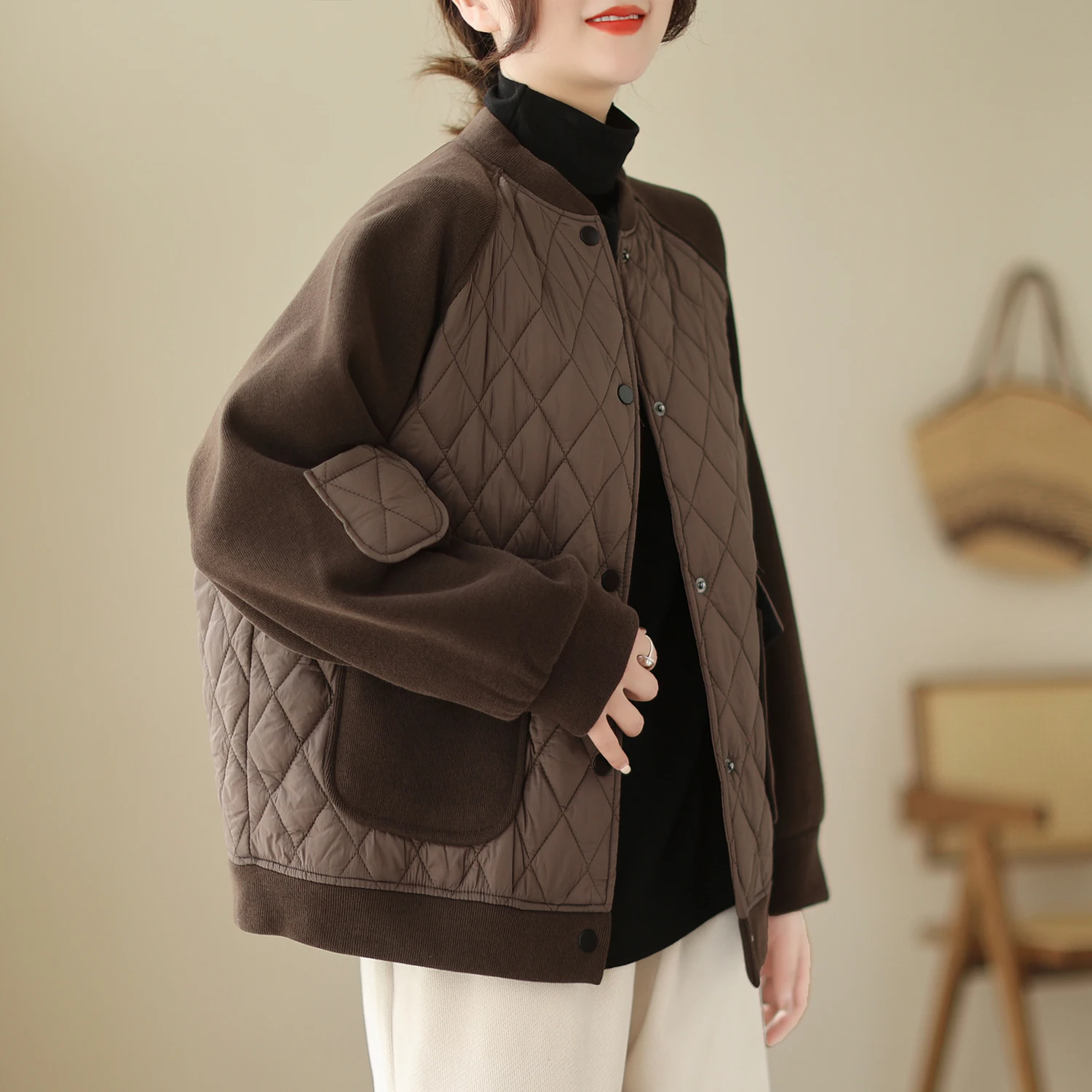 Women's Winter Thickened Quilted Short Jacket Korean Loose Casual Baseball Coat Diamond Pattern Splicing Cotton Outerwear