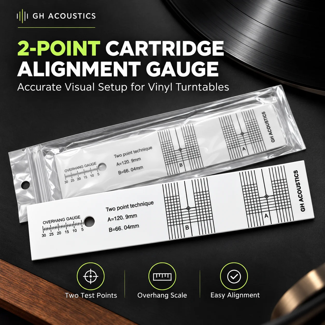 Overhang Alignment Protractor GH ACOUSTICS 2-Point Cartridge Gauge LP Turntable Stylus Setup Tool For Vinyl Record Player