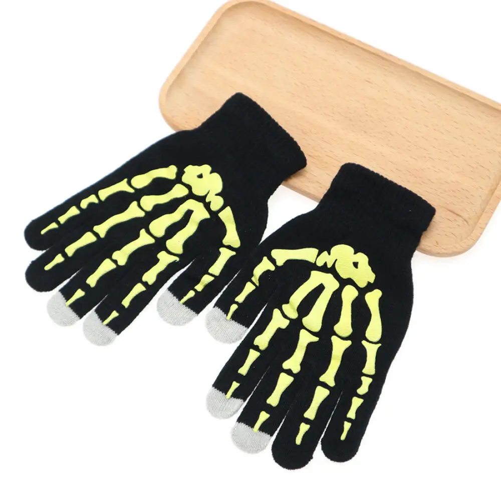 1 Uds nuevos niños Halloween esqueleto cráneo medio dedo luminoso Punk guantes invierno cráneo sin dedos manopla negra