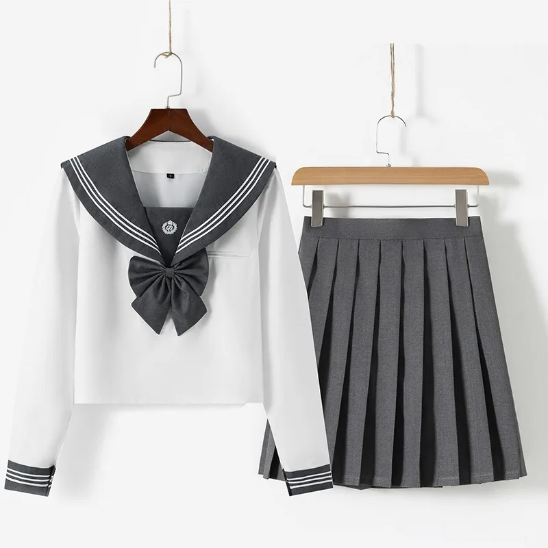 

Japanese Embroidery Grey Three, Japanese JK Uniform Academy Feng Shui Handsuit Spring and Autumn Long Sleeve pleated Skirt Set