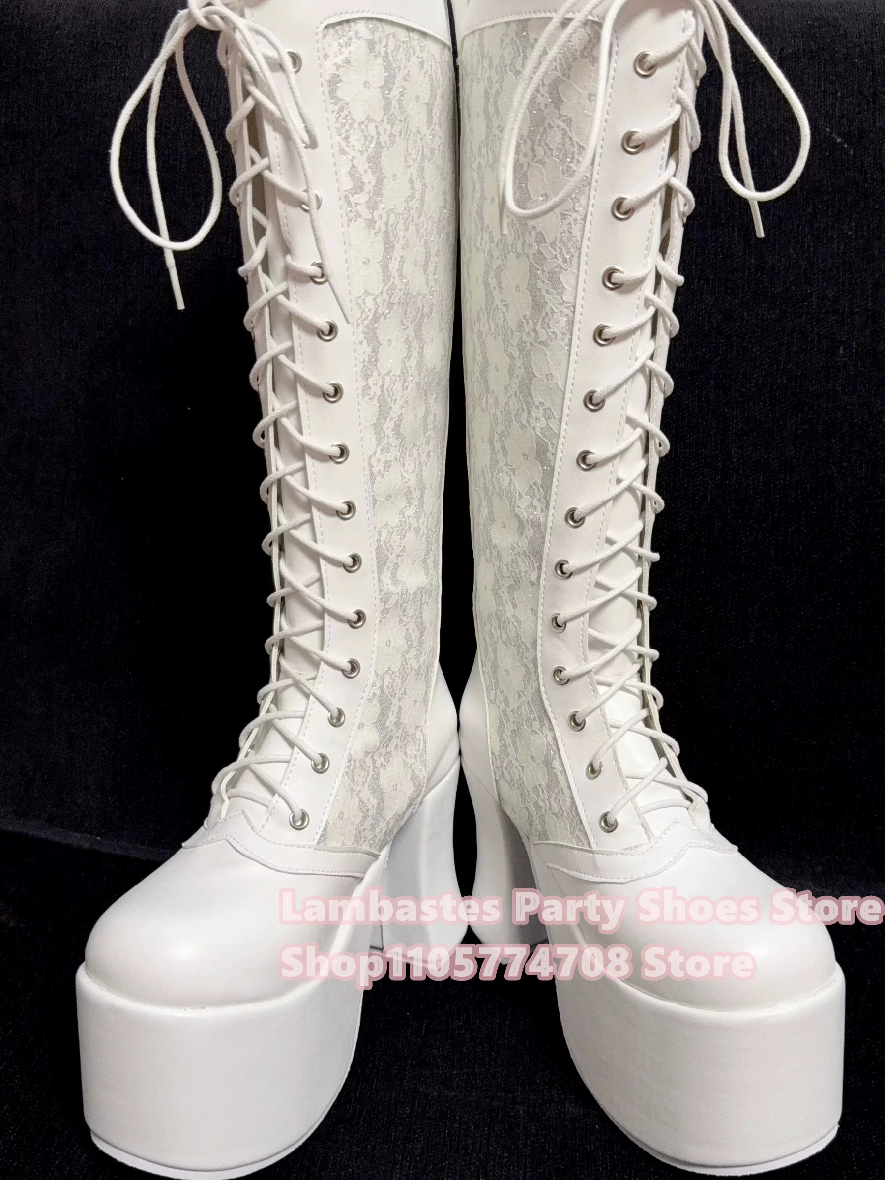 White Lace High Top Boots for Women Round Toe Platform Cross Straps Thick Sole Lace Up Back Zipper Thick Heel Knee High Boot