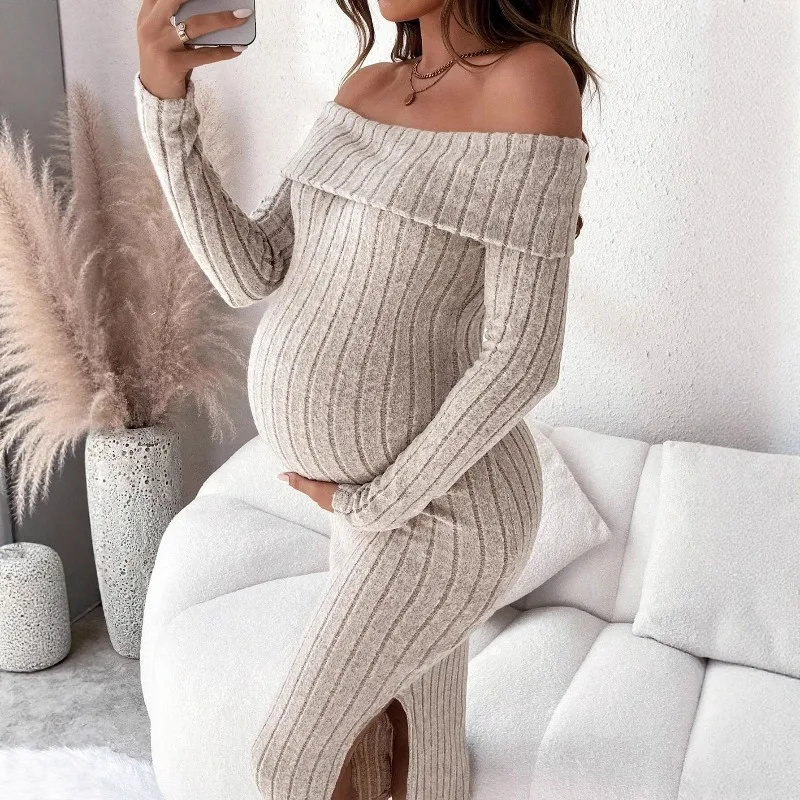 

Maternity Clothes Pregnant Women Dress Photoshoot Clothing Autumn Winter One-shoulder Slimming Body-hugging Long-sleeved Knitted