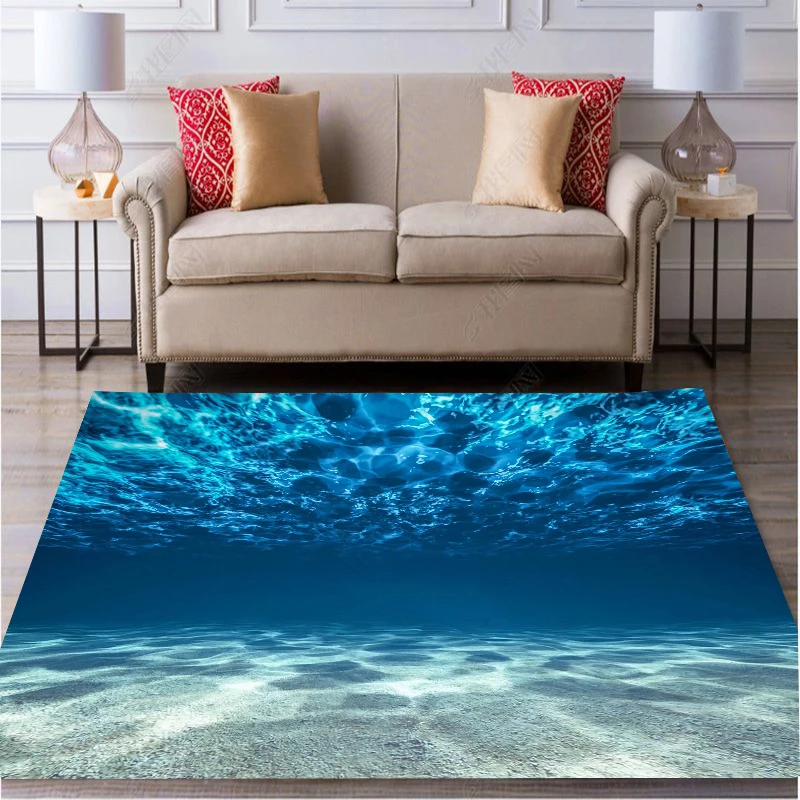 3D Printed Blue Underwater Landscape Carpet for Living Room Modern Sea Pattern Parlor Decoration Sofa Rug Easy Cleaning Foot Mat